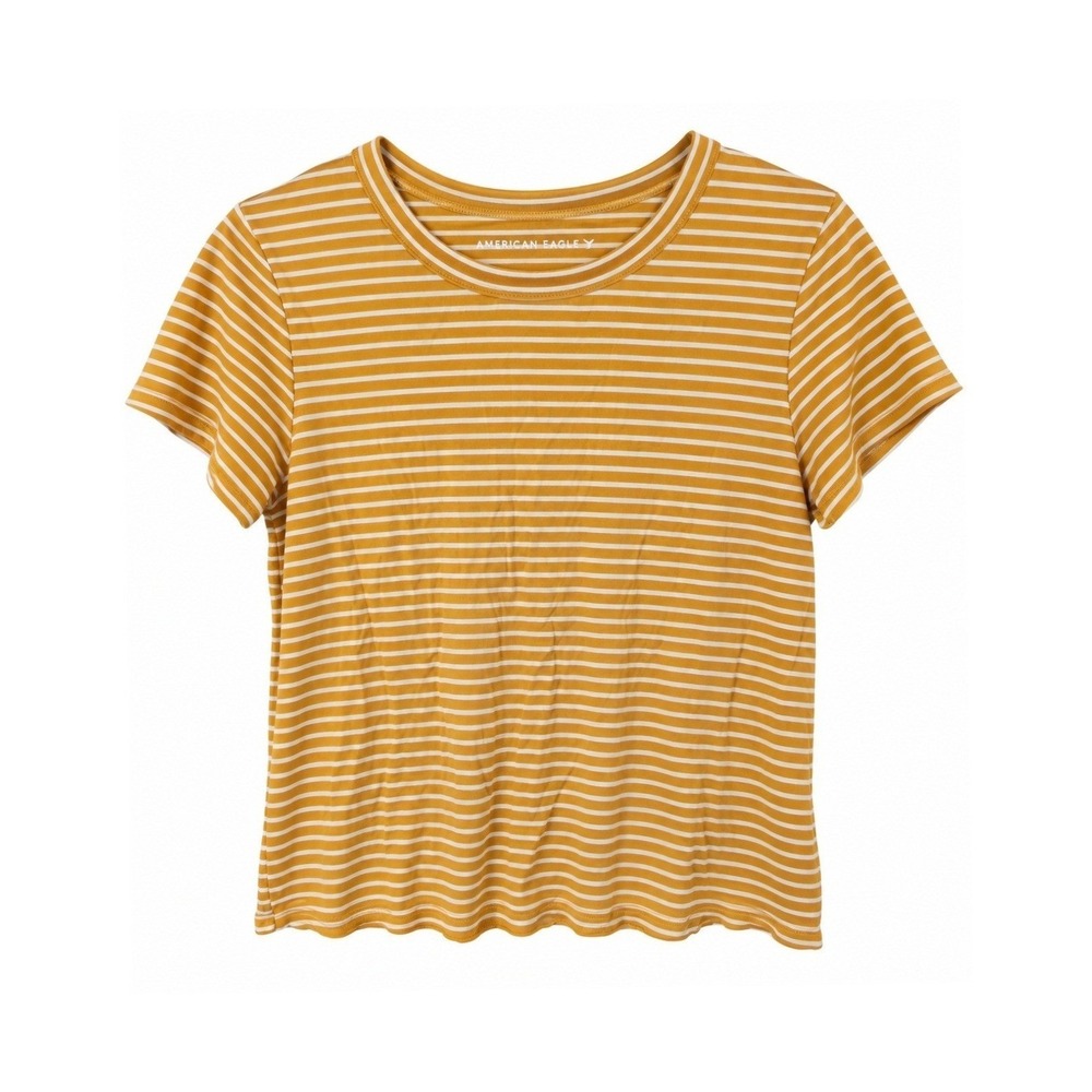 American Eagle Womens Medium Mustard Stripe Soft & Sexy Lettuce Hem T-Shirt